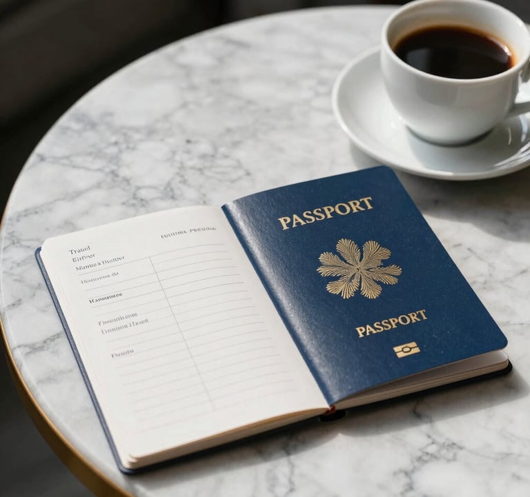 An elegant, minimalist travel itinerary and passport resting on a marble tabletop next to a cup of coffee, bright morning light, professional lifestyle photography.