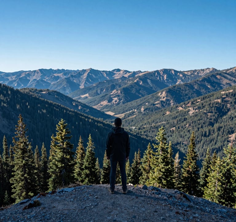 A tranquil shot of a person standing on a mountain peak, looking out over a vast valley of pine trees. The composition is balanced and inspiring, using sky blue tones for the distant mountains and navy blue for the foreground terrain. North American / US wilderness style.