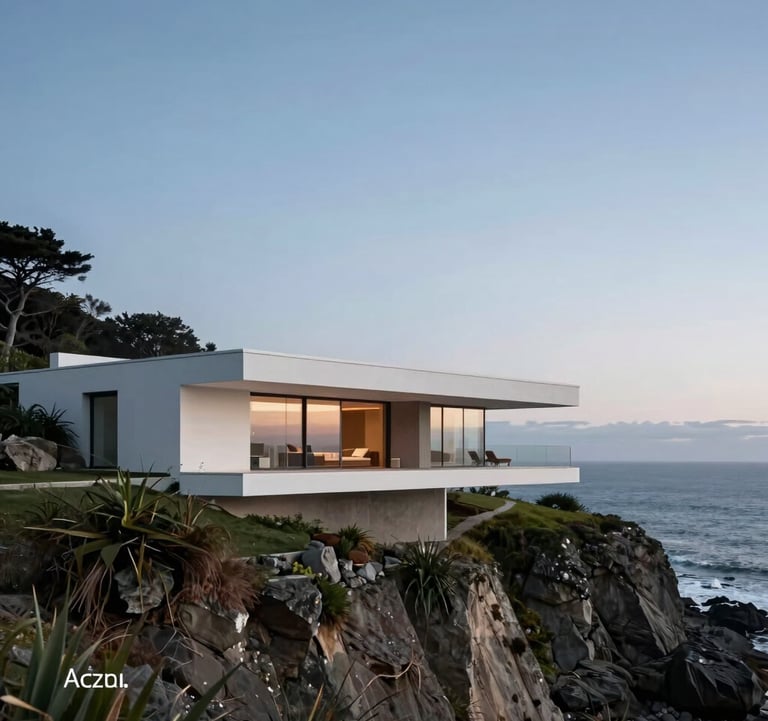 Photography of a modern minimalist villa nestled against a coastal cliffside in North America. The clean architecture is bathed in soft sky blue light, emphasizing a sense of luxury, privacy, and serene relaxation.