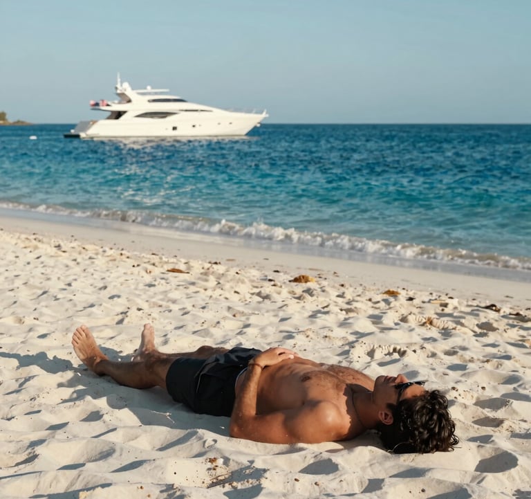 A professional photograph of a person relaxing on a pristine white sand beach in North America with a luxury yacht in the distance. The water is a vivid blue, and the lighting is warm and sun-drenched.