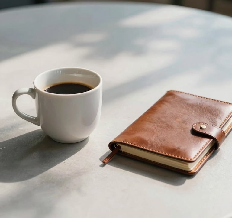 A close-up photograph of a minimalist white ceramic coffee cup and a leather travel journal on a clean outdoor table. Soft morning sunlight and sky blue shadows create a calm, professional atmosphere. North American / US styling.