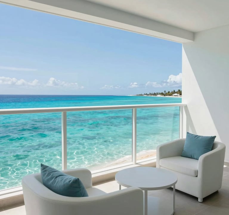 A professional photograph of a luxury resort balcony in North America overlooking a crystal clear turquoise bay. Minimalist white furniture and soft blue accents. Bright, natural daylight.