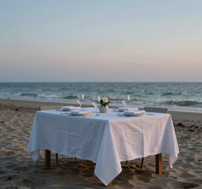 A minimalist, beautifully set dinner table on a private beach under a twilight sky, with soft blue and white linens.