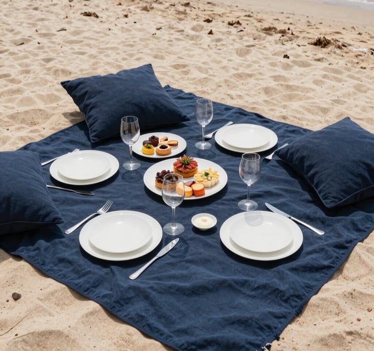 An overhead shot of a perfectly arranged luxury picnic on a secluded beach. Muted navy blue textiles, white ceramics, and gourmet snacks. The lighting is bright and airy, reflecting a stress-free luxury vacation vibe.