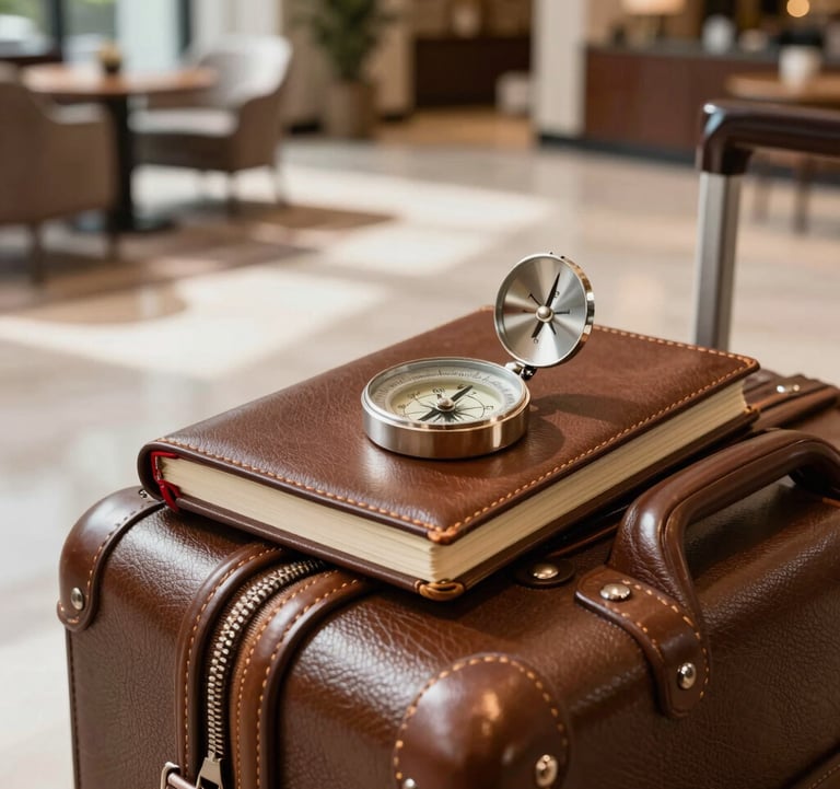 A detail shot of a luxury travel journal and a compass resting on a high-quality leather suitcase in a sunlit, modern North American hotel lobby.