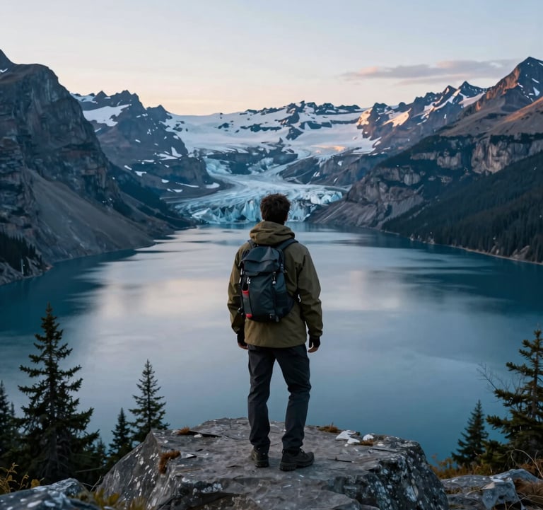 A traveler standing on a scenic overlook of a pristine North American glacial lake, wearing high-end outdoor apparel, during the soft blue hour.