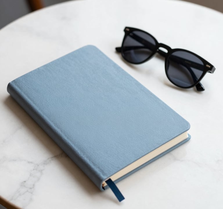 An elegant close-up of a premium travel journal and a pair of luxury sunglasses resting on a clean white marble table. The color palette consists of soft blues and off-whites, suggesting sophisticated trip planning.