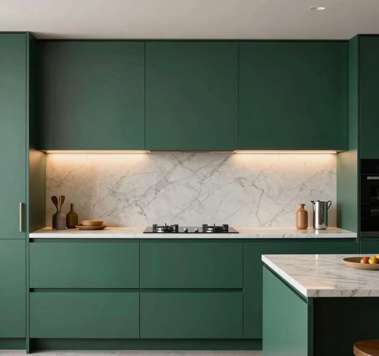 A professional architectural photo of a modern modular kitchen. The cabinets are finished in a matte royal dark green, paired with pure white marble countertops and integrated warm sandy beige lighting under the shelves.