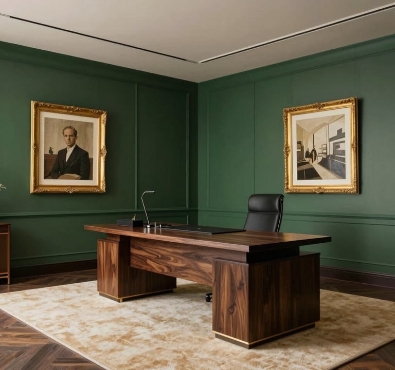 An architectural shot of a modern office interior. A large desk in dark wood sits on a warm cream rug. The walls are deep forest green with gold-framed bespoke art pieces. Spacious and highly professional.