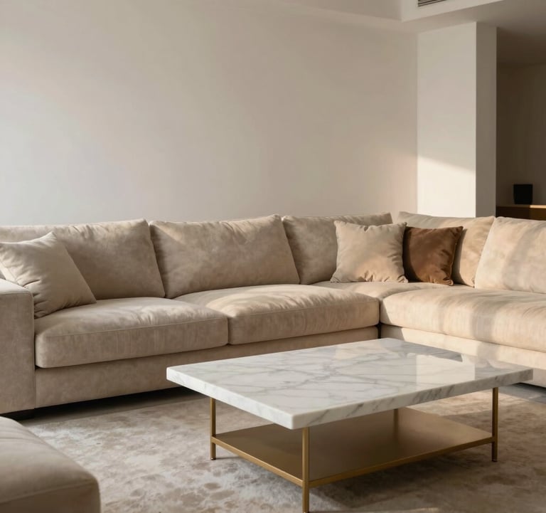 A sophisticated modern living area with a large beige modular sofa, white marble coffee table with gold legs, and soft white walls. The lighting is warm and indirect, creating soft shadows and a rich, spacious atmosphere.