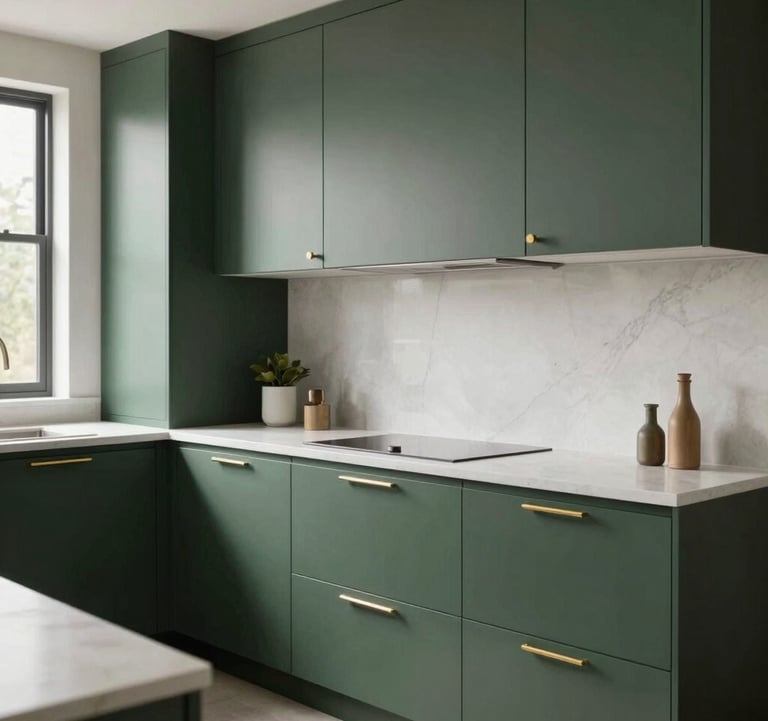 A high-end modular kitchen with matte dark green cabinetry, white quartz countertops, and metallic gold hardware. The composition is minimalist and sleek, with soft natural light coming from a side window.