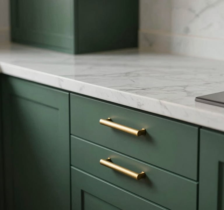 A close-up photograph of a minimalist modular kitchen with deep forest green cabinetry and pure soft white marble countertops. Shimmering brushed gold handles catch the soft morning light. Elegant and uncluttered.