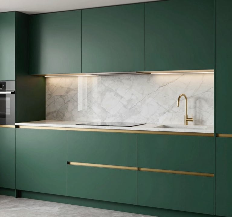 A sleek, modern modular kitchen with matte royal dark green cabinetry and seamless metallic gold trim. Soft white marble backsplash.