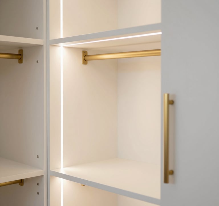 A luxury walk-in wardrobe with soft white shelving, warm integrated LED lighting, and metallic gold handle details.