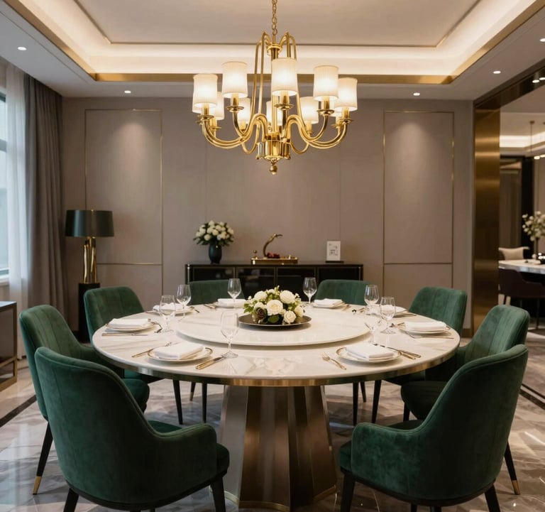 A wide shot of a luxury dining room with a large soft white table, royal dark green chairs, and a metallic gold chandelier.