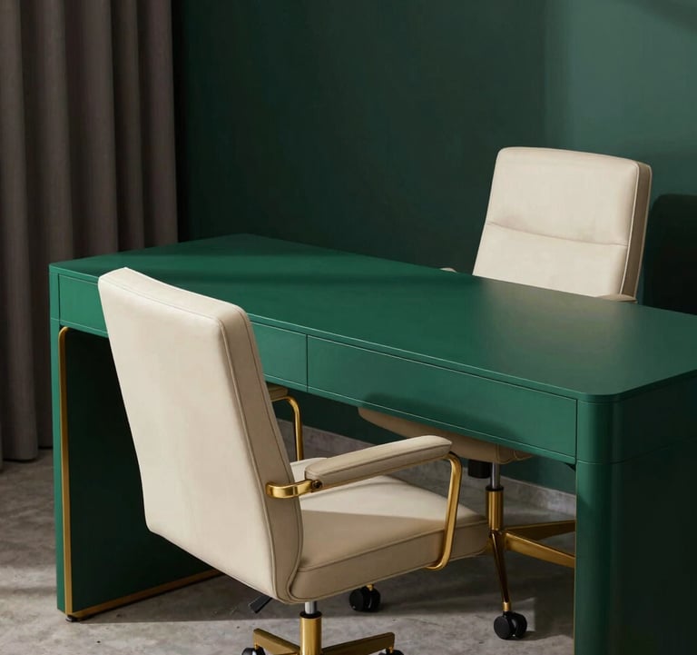 A contemporary home office with a minimalist royal dark green desk, a cream leather ergonomic chair, and gold hardware accents.