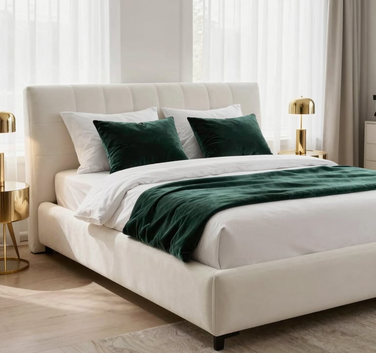 A luxury master bedroom featuring a plush soft white upholstered bed, dark green velvet throw pillows, and metallic gold bedside lamps. The room is airy with sheer white curtains and beige hardwood flooring.