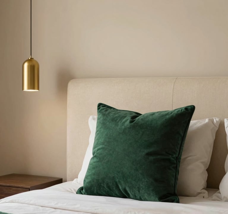 A serene bedroom interior featuring a warm cream upholstered headboard against a muted sand beige wall. A single royal dark green throw pillow adds contrast. Minimalist gold pendant lights hang beside the bed.