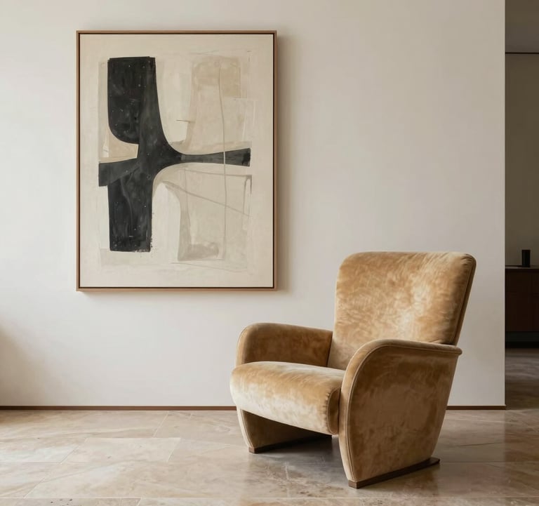 A high-end interior photograph of a minimalist living area. The composition features a warm sandy beige designer lounge chair against a soft off-white wall, with a single large-scale piece of abstract art and a polished stone floor.