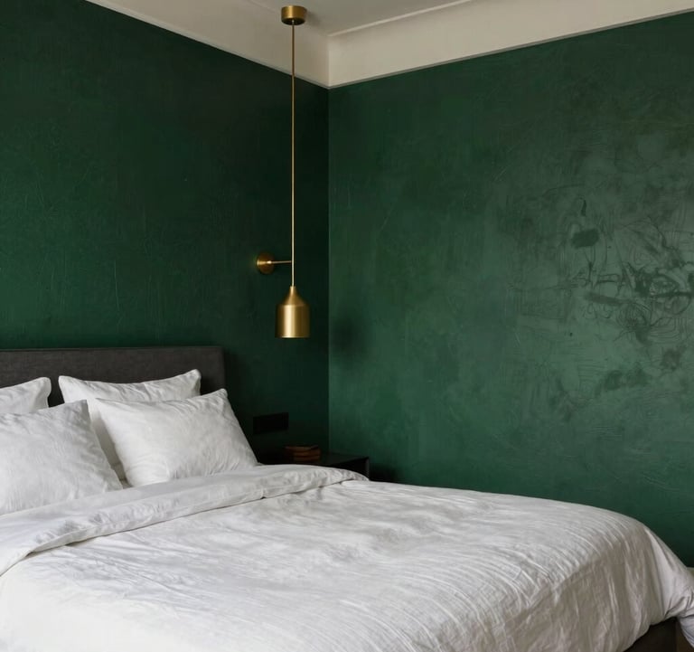 A high-end master bedroom featuring soft white linen bedding, royal dark green textured walls, and metallic gold pendant lights hanging from the ceiling.