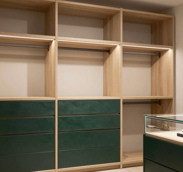 A luxury walk-in wardrobe with soft off-white ambient lighting. The shelving is finished in a warm sandy beige wood, with deep forest green leather accents on the drawers and glass display cases.