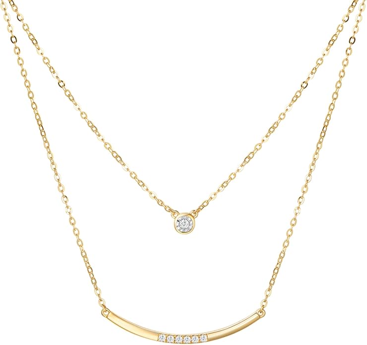 14k Yellow Gold Double Chain Choker Layered Natural Diamond Pendant Necklace