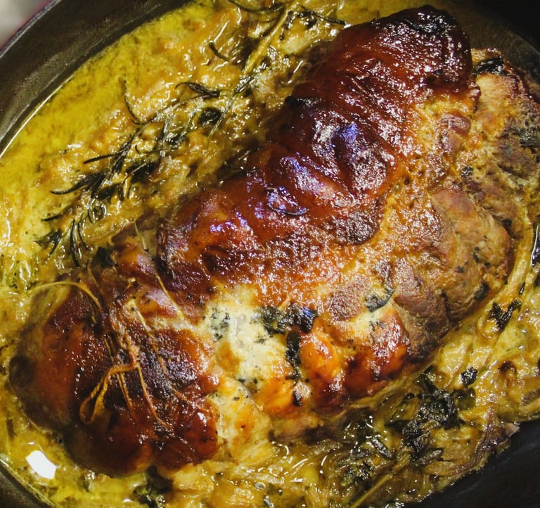 roti de porc fermier miel moutarde oignons caramélisés