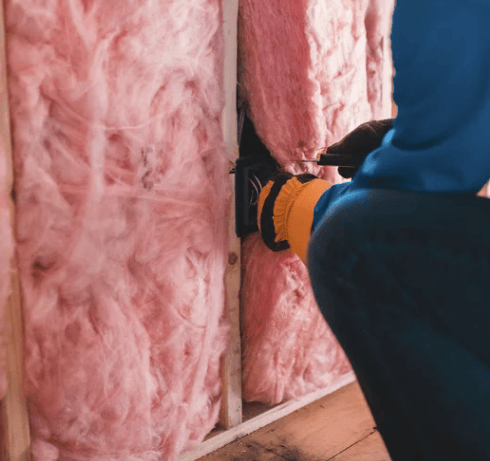 a man in a blue jacket and gloves is using a hammer to install a insulation