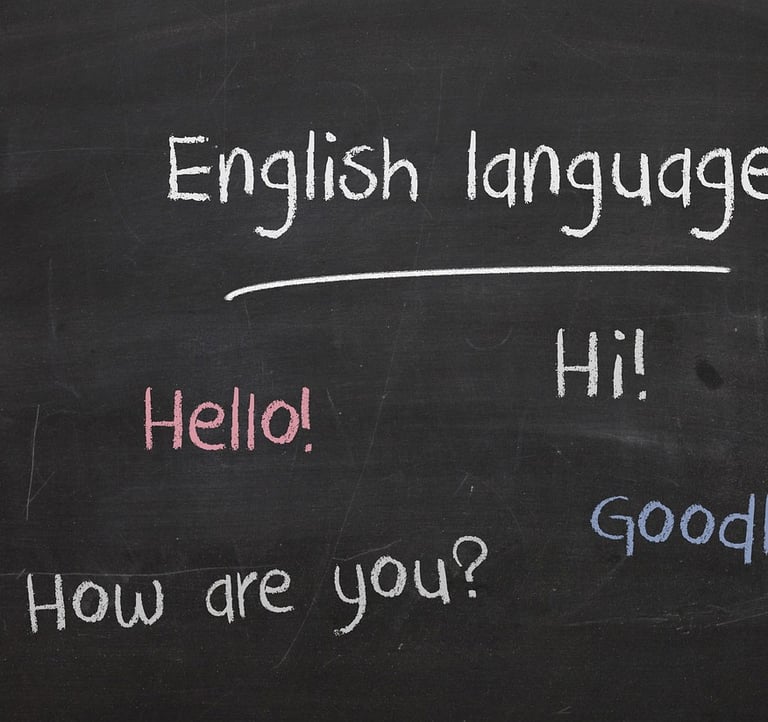 Black board with English language greetings