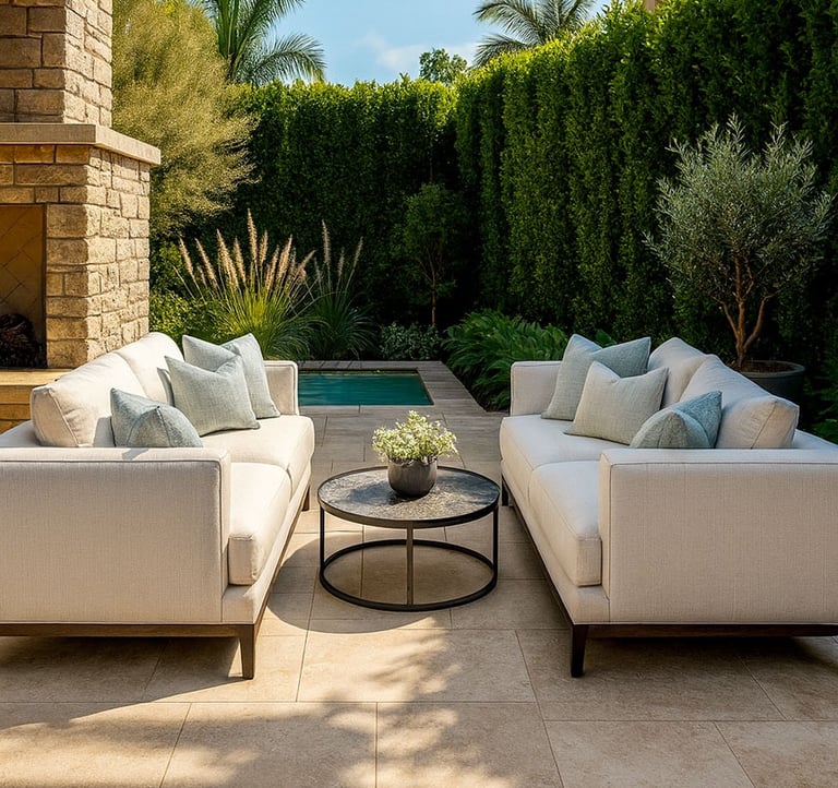 outdoor patio featuring custom white sofas by Solo Home Decor.