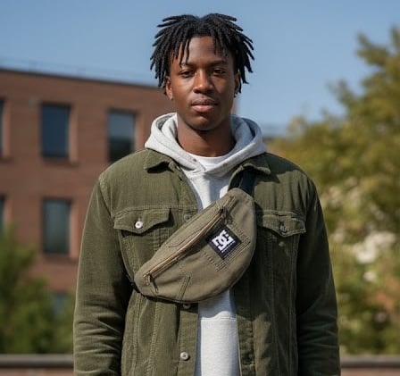 Jeune homme portant un sac banane kaki en bandouillère