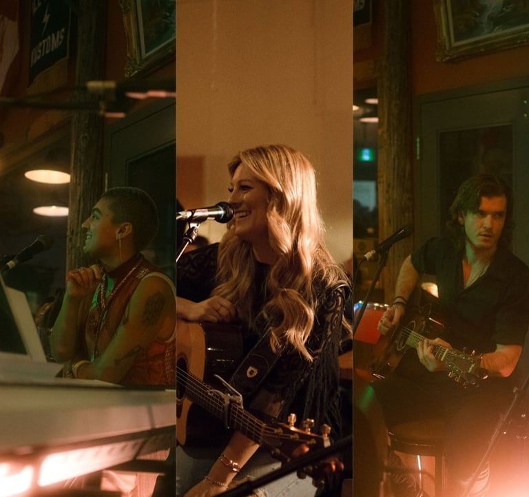 A collage of singers Zenon, Alex Hughes, and Flaysher performing at a Blue Jay Sessions event