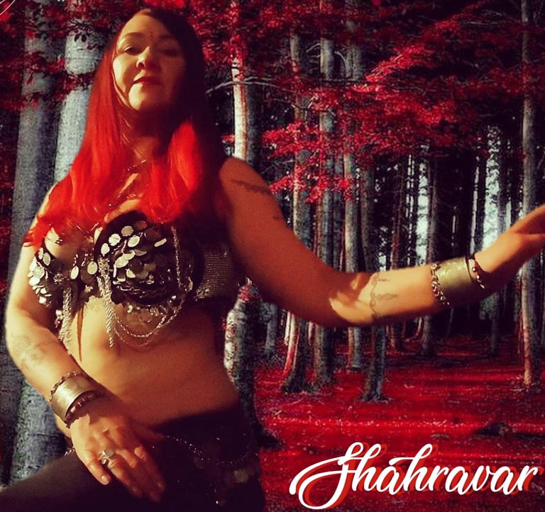 Dramatic bellydancer Shahravar wearing coin costume