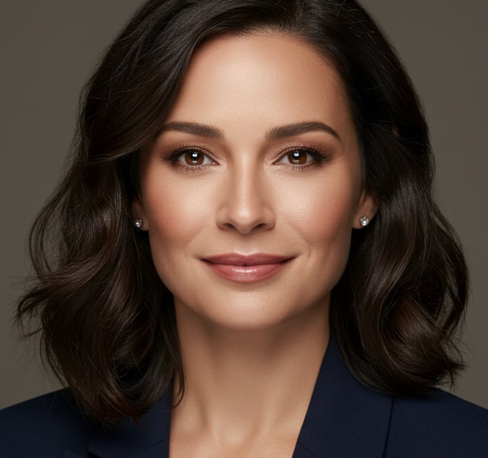 a woman in a blue suit and natural makeup