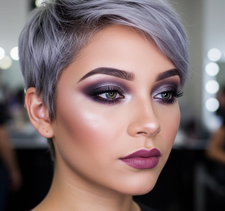 a woman with a short haircut and purple makeup