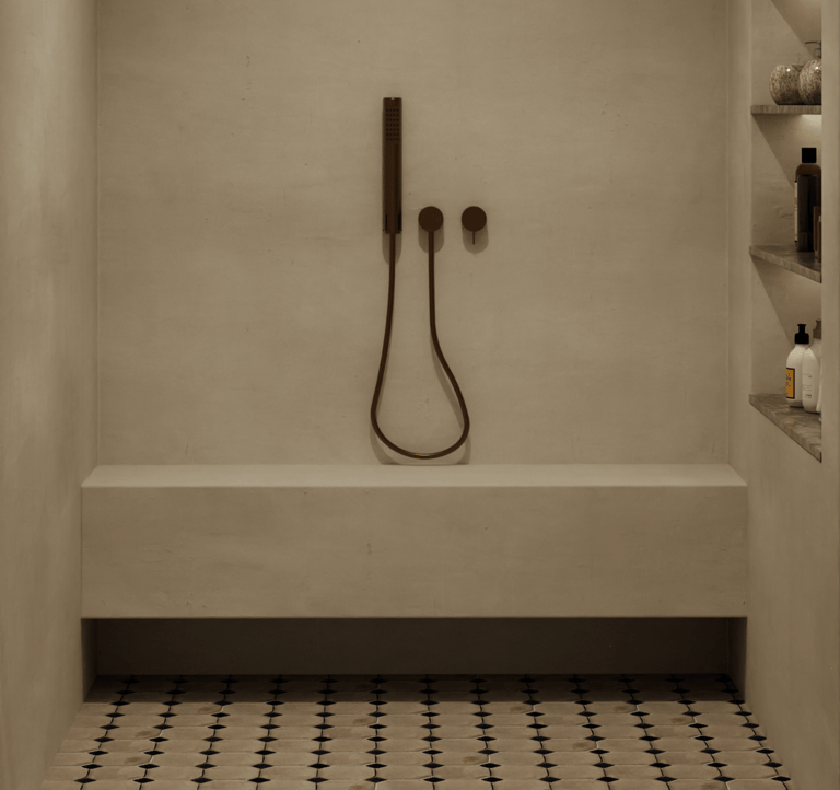 Minimalist shower area with shelves and a handheld showerhead.