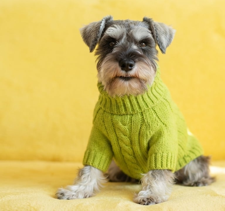 Un adorable Schnauzer miniatura con un suéter verde de punto trenzado, sentado en un sofá amarillo