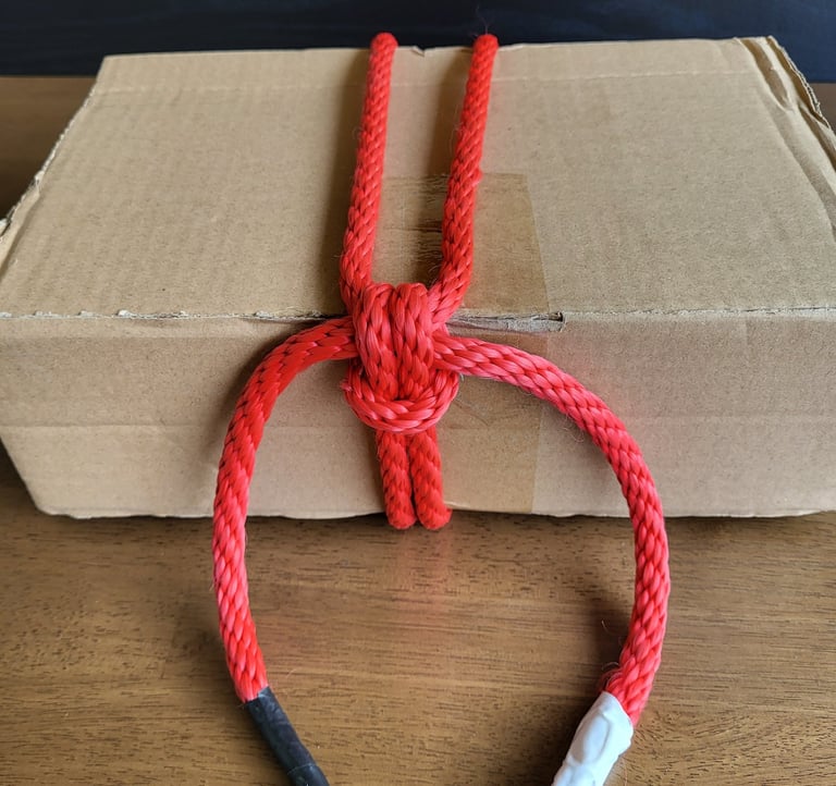 Woodlands-ziptie-knot cinched tight on a cardboard box