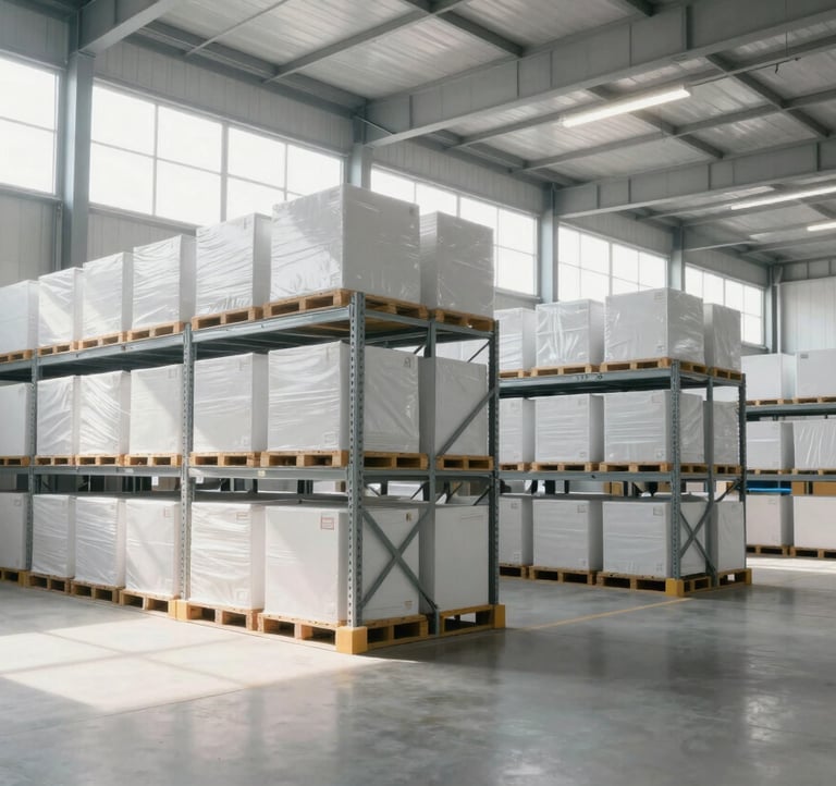 A wide shot of a modern, clean logistics warehouse in Southern Europe, with organized shelving and soft morning light entering through high windows. Professional and efficient atmosphere with a color palette of white and soft grays.