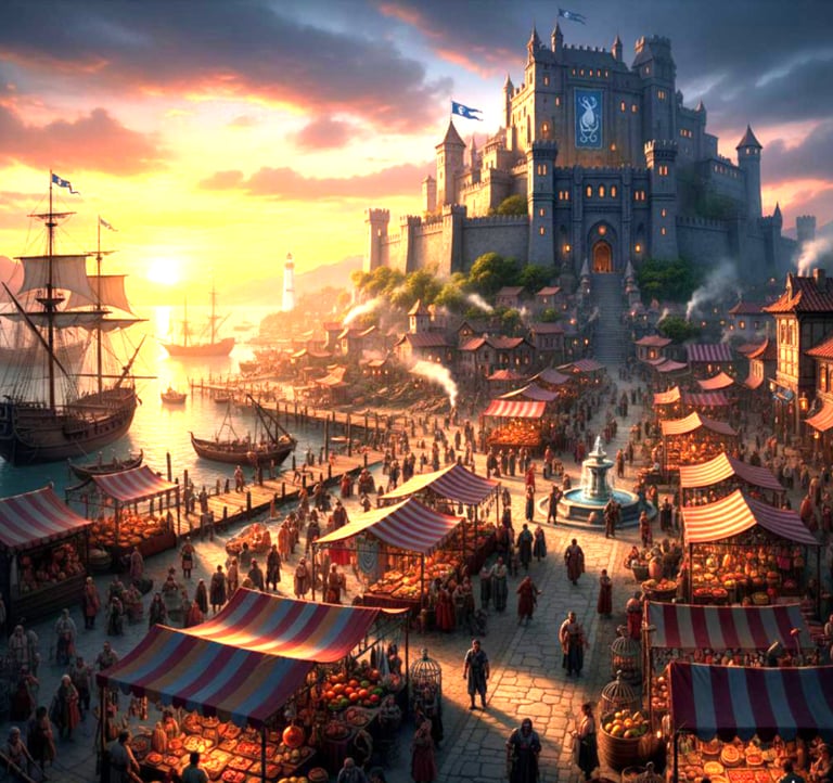 Wide angle shot of Port Sunder. Showing the harbor, docks, market, and the citadel. 