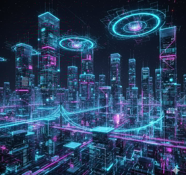 Futuristic AI-powered business architecture concept with self-running systems.