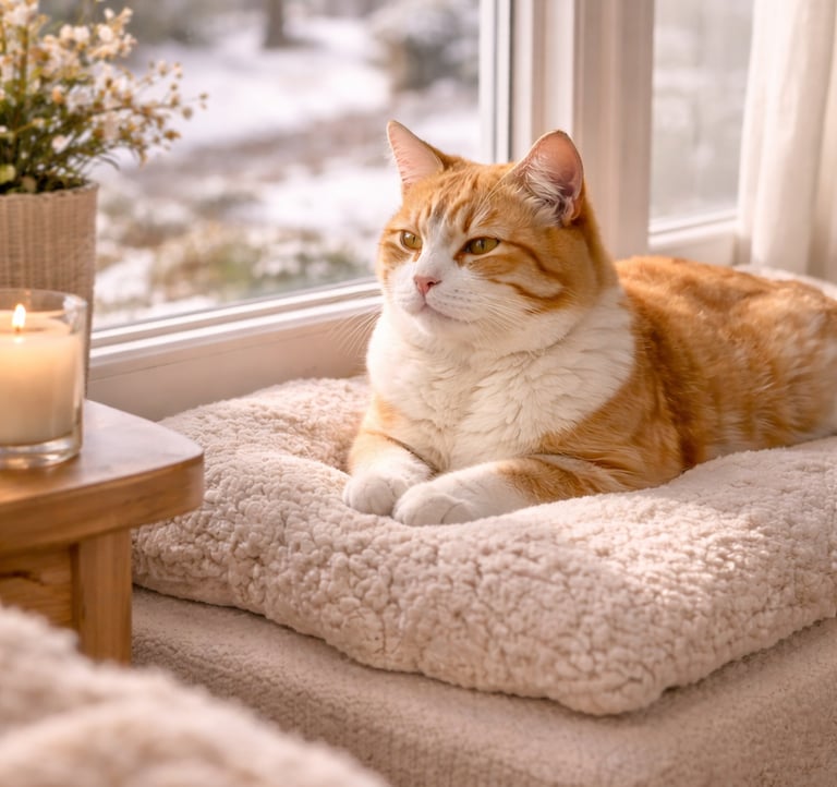 Indoor cat enjoying winter sunlight