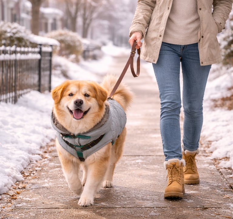 Dog walking safely in winter in Burlington