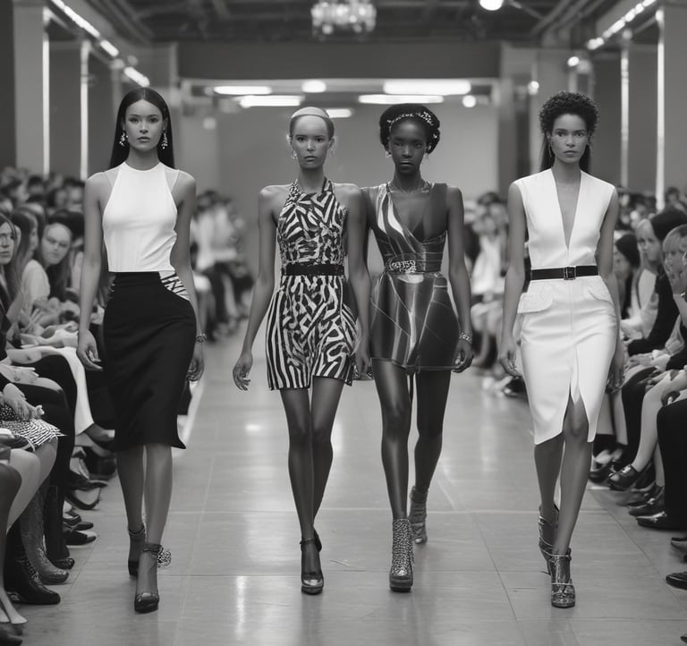 A fashion runway scene with models walking, showcasing diverse outfits in an indoor setting. The focus is on a shirtless male model wearing a colorful jacket, surrounded by other models displaying unique and stylish garments.