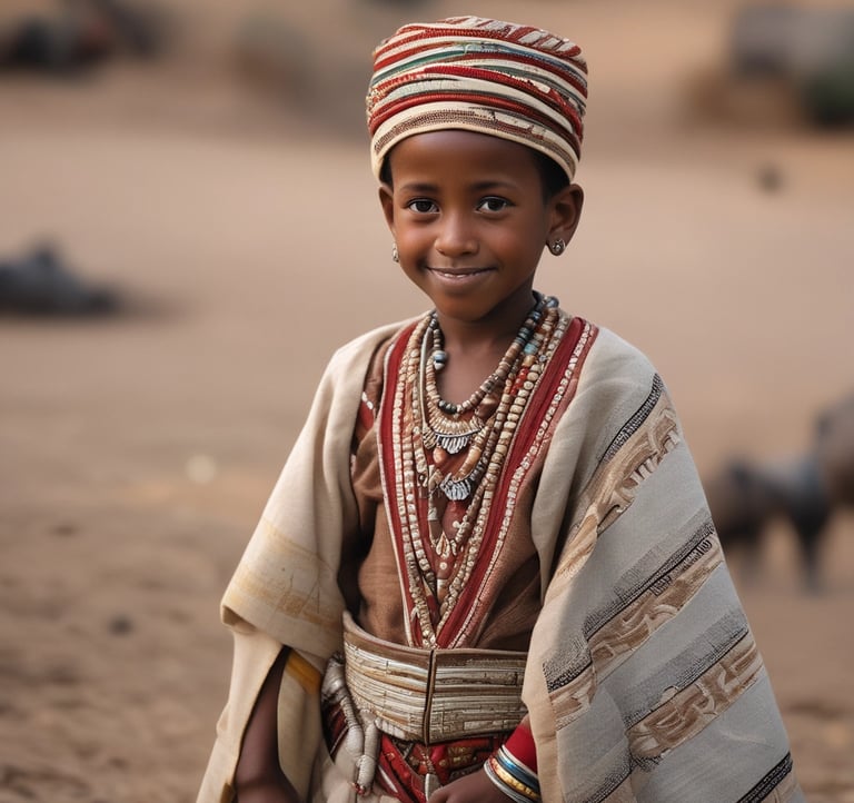 A child wearing a traditional outfit adorned with intricate beads and decorations stands prominently. The headpiece features black fabric with white beads, silver ornaments, and red accents. In the background, more children are wearing similar attire, slightly out of focus.
