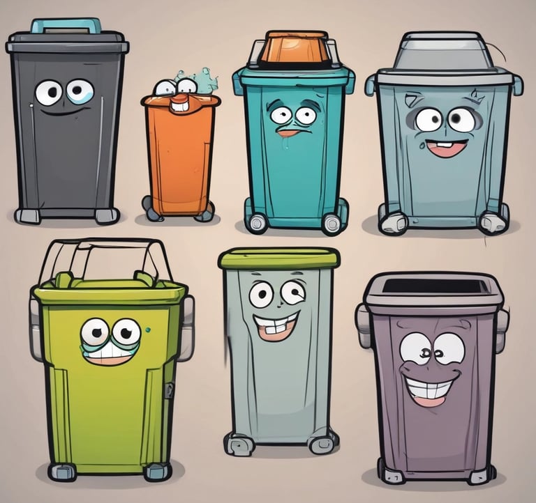 Two trash bins, one black plastic with a rectangular lid and the other a metallic barrel, are placed next to each other against a dark wall. A red wooden door and a broom are visible nearby, with scattered debris and dirt on the ground.