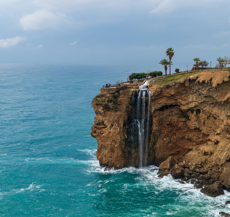Lower Duden Waterfall flows into the Mediterranean Sea in Antalya, Turkey