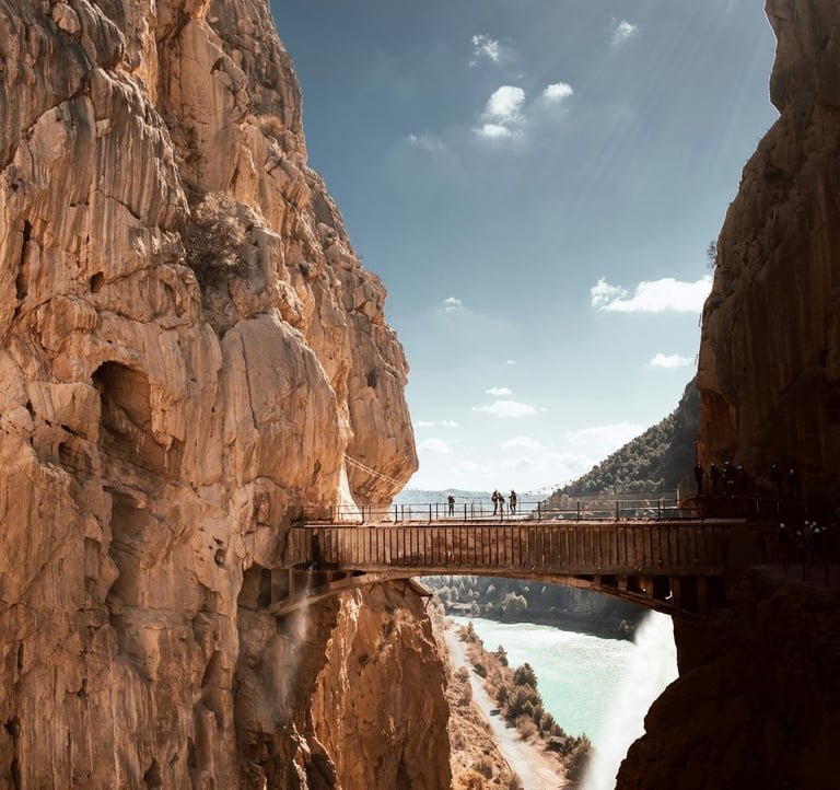 Caminito del Rey gorge with cliffs and a walkway bridge
