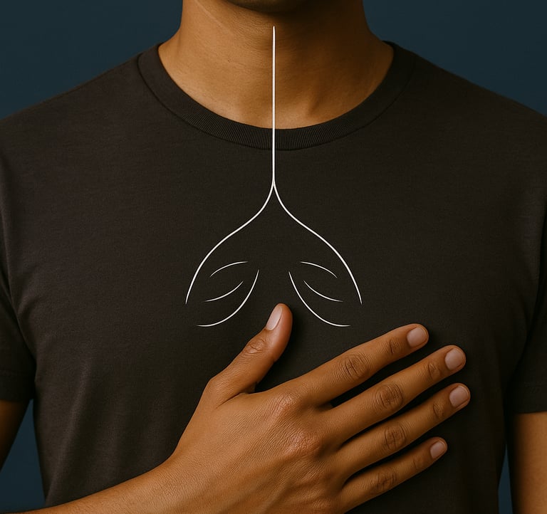 Pessoa com a mão no esterno sentindo a respiração; atenção encarnada