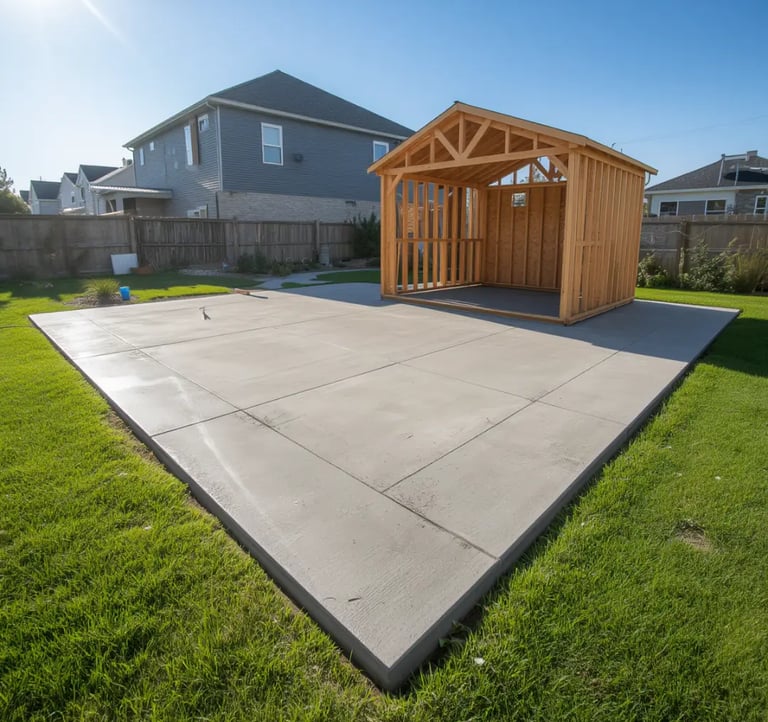 Fresh concrete shed and workshop slab installation in West Valley City, Utah.